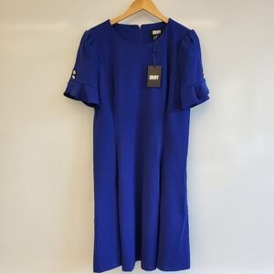 DKNY Blue Sheath Dress with Puff Sleeves